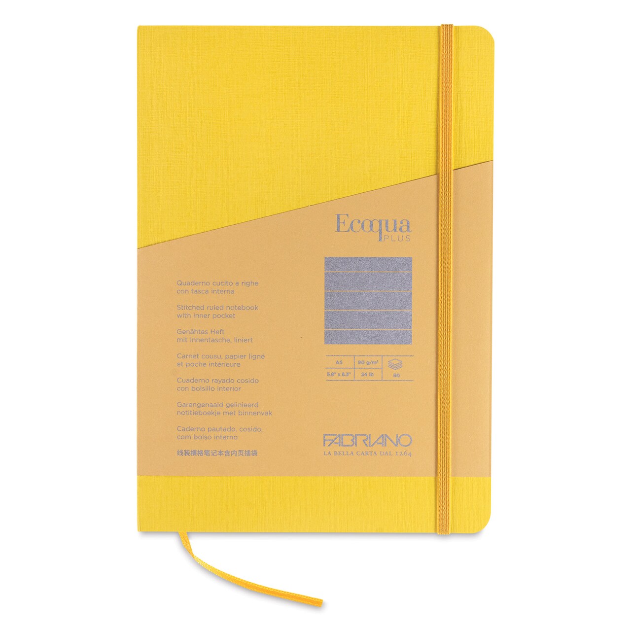 Fabriano EcoQua Plus Stitch-Bound Notebook - Yellow, 5-4/5" x 8-1/4", Lined